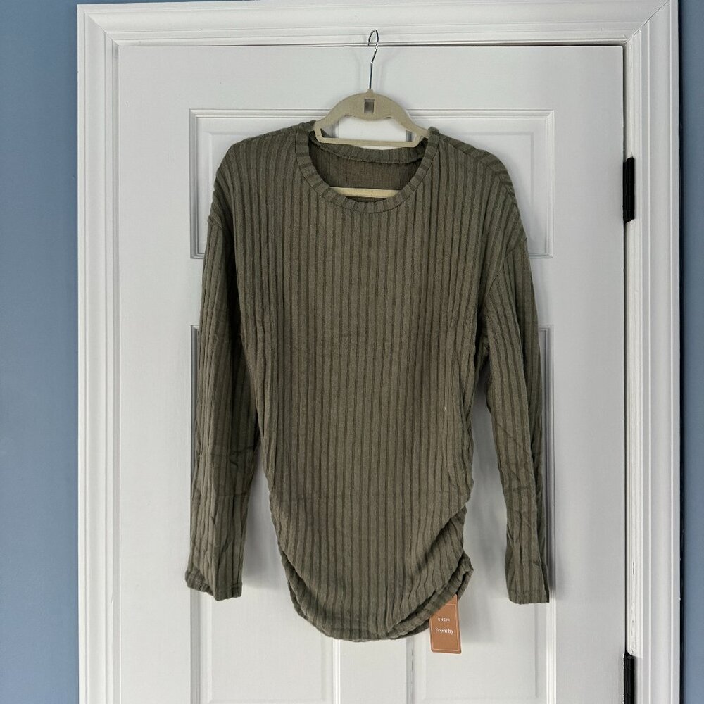 NWT SHEIN Frenchy Olive Ribbed Ruched Tee Size Medium Drop Shoulder Long Sleeve